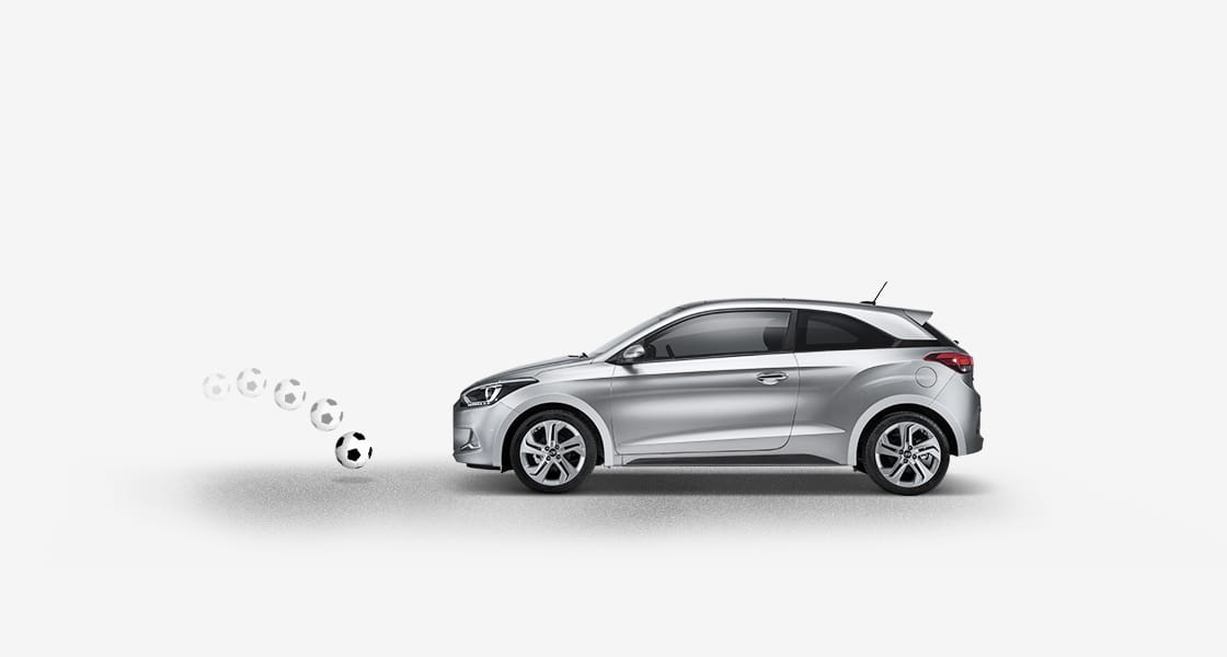 Side view of silver i20 sensing the soccer ball in front