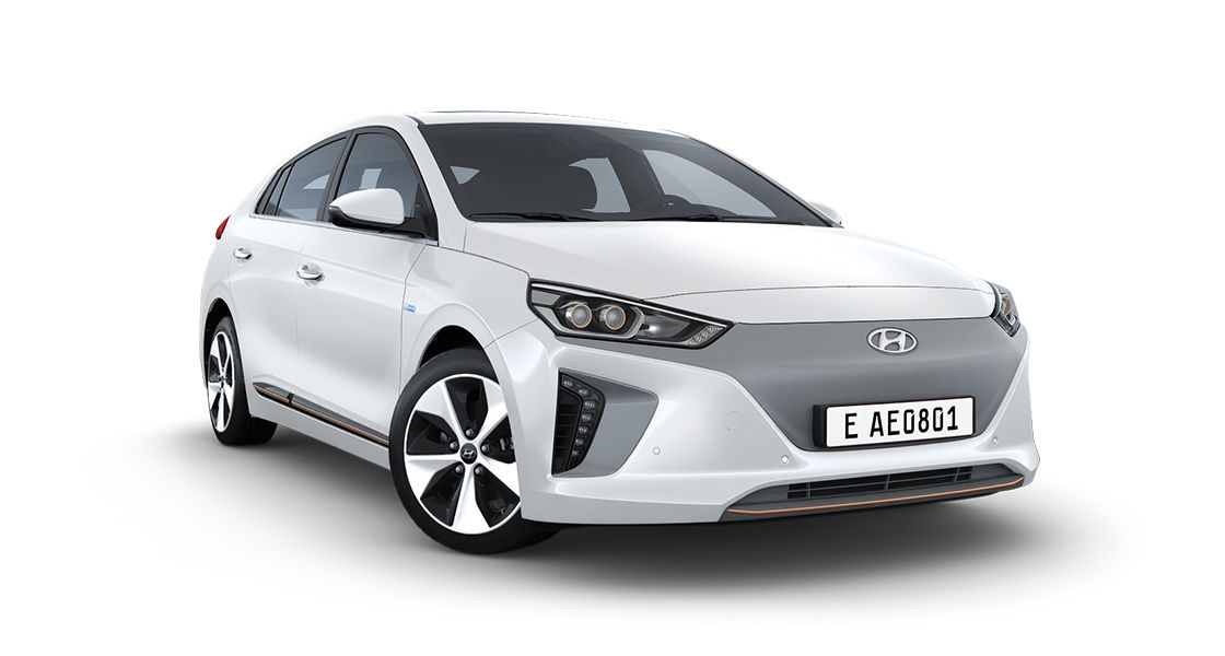 Right side front view of white Ioniq Electric