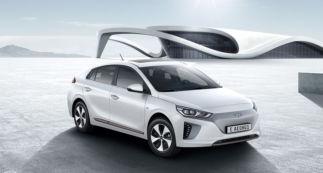 Side front view of white Ioniq electric