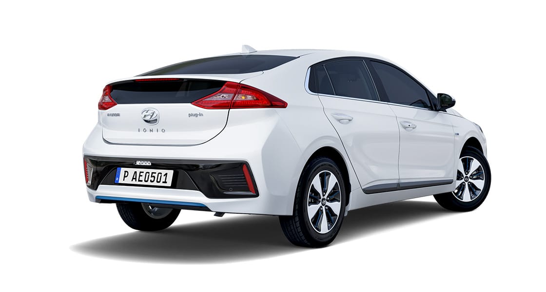 Right rear view of white IONIQ plug-in hybrid
