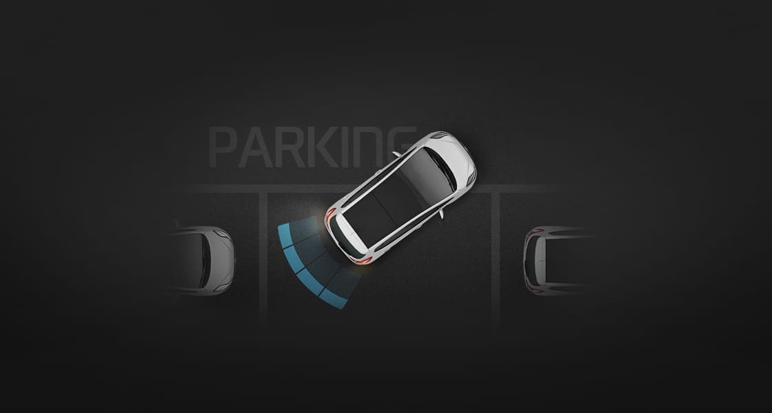 Illustrated road scenario about rear parking assist system