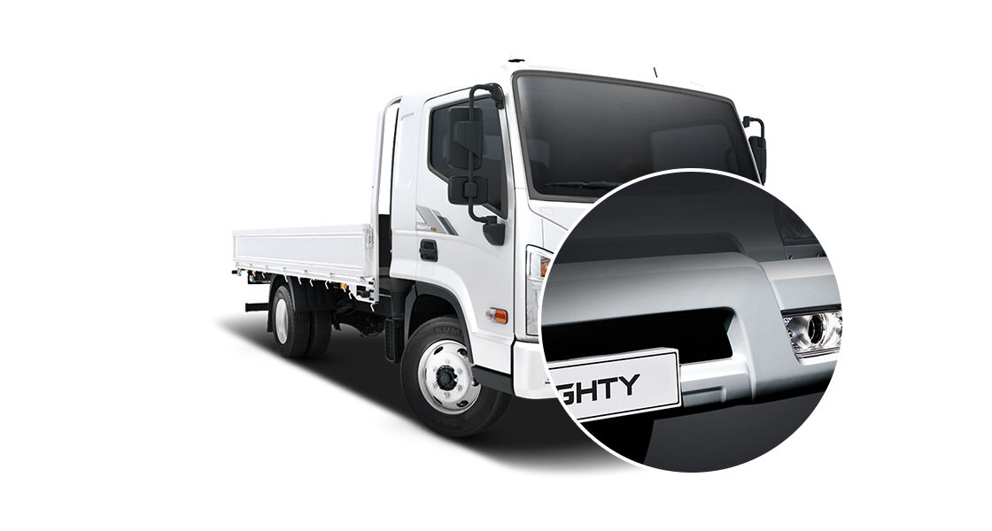 Closer view of front bumper with Mighty logo