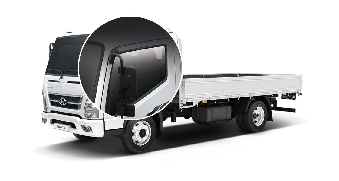 Left front view of white Mighty door mirror