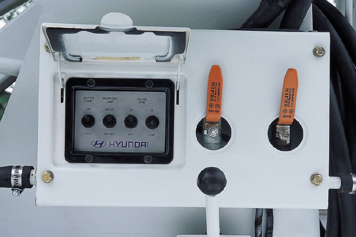 a white control box with 2 orange valve levers and several switchs