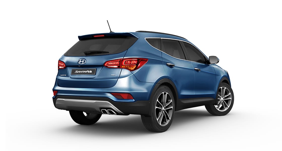 Side rear view of blue Santa Fe
