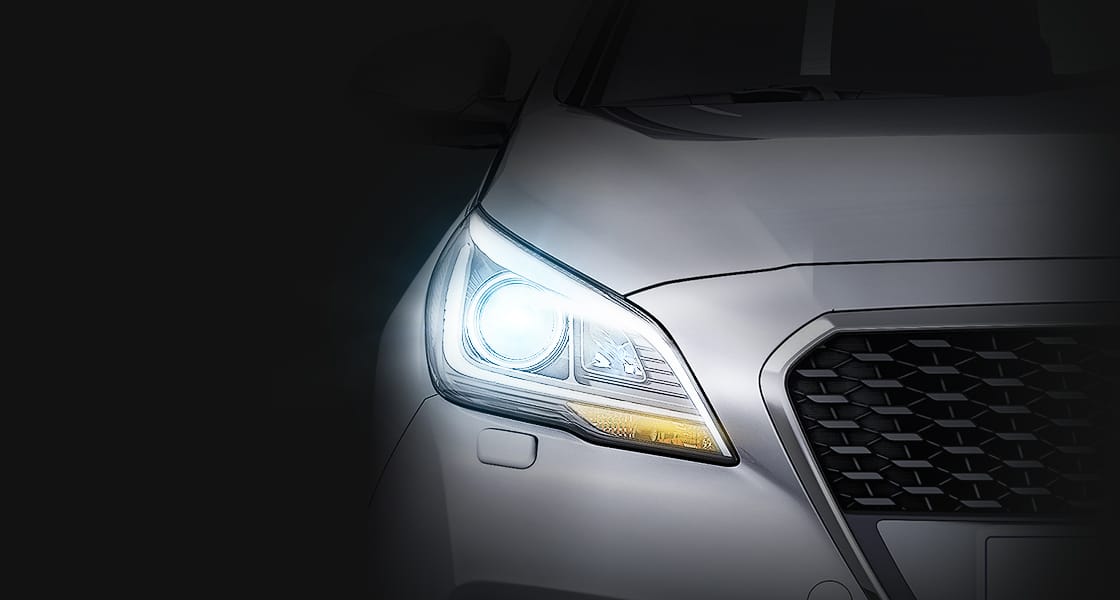 Closer view of HID headlamp with LED daytime running light on