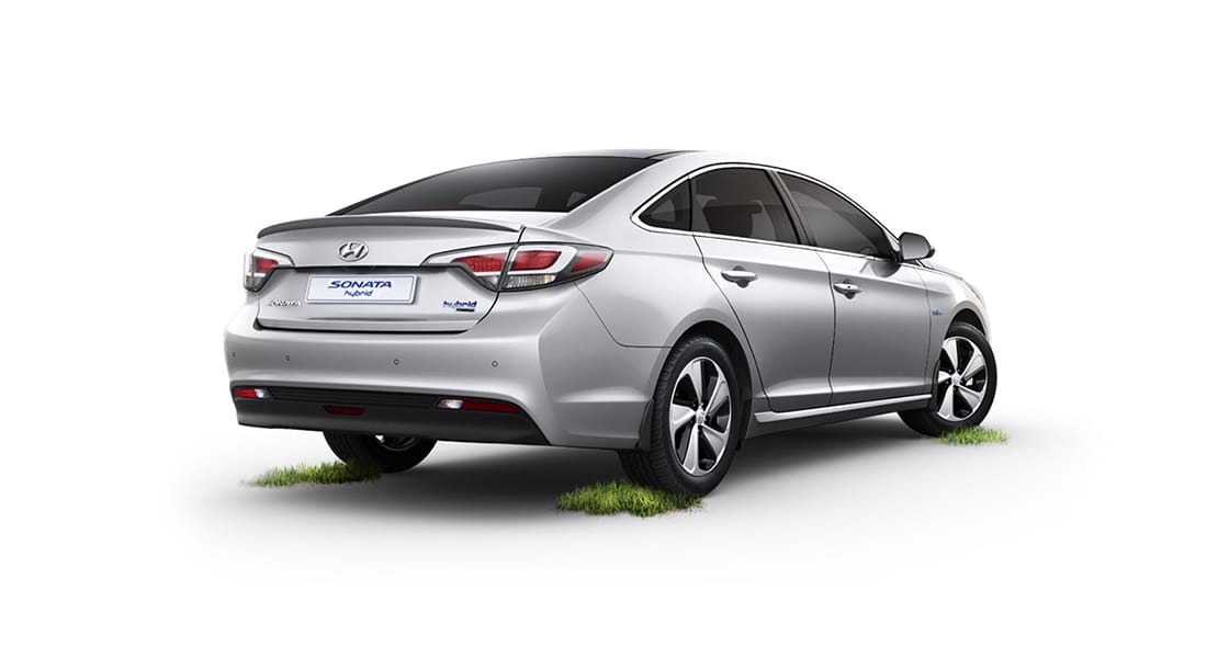 Side rear view of silver Sonata Hybrid