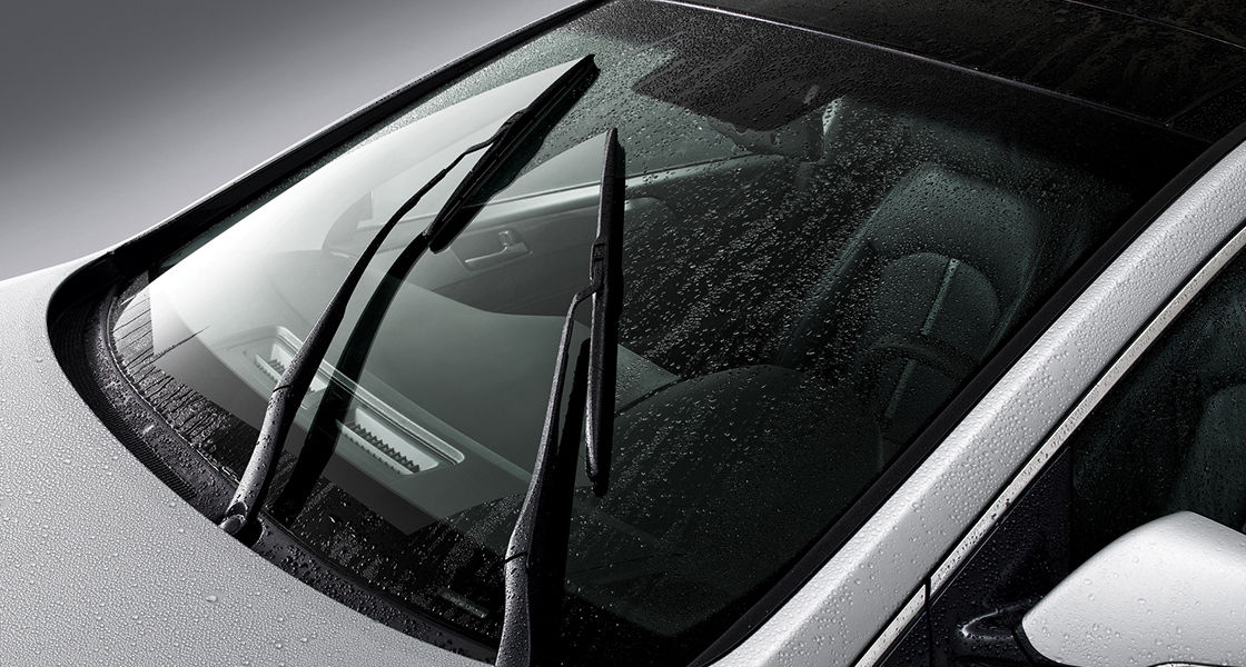 Exterior of front windshield with wiper blades