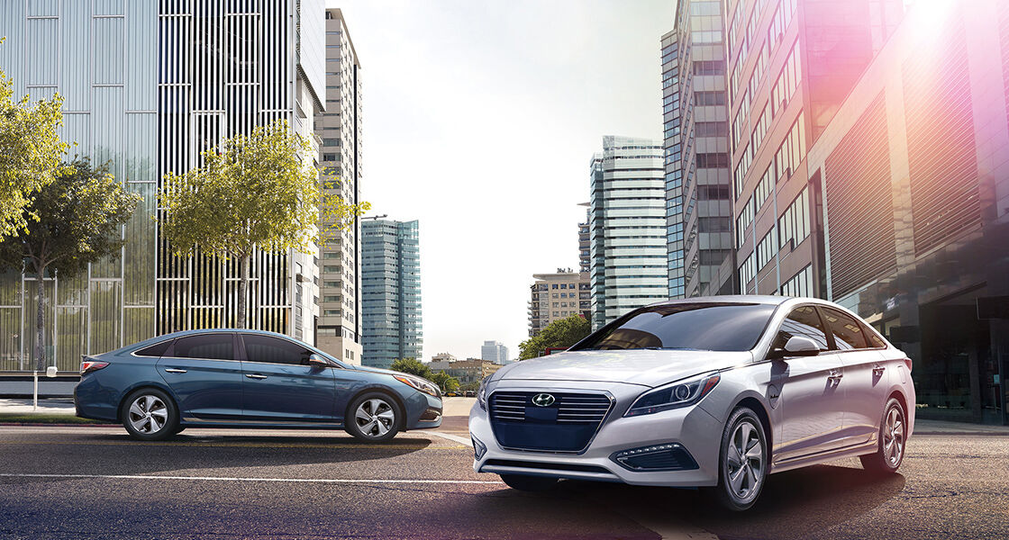 Two Sonata Plug-in Hybrid parked in the city