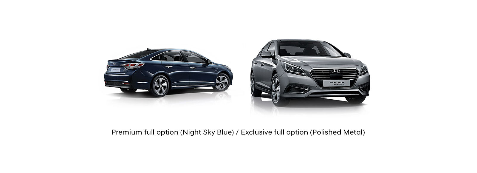 Side rear view of navy on the left and front view of gray Sonata Plug-in Hybrid on the right