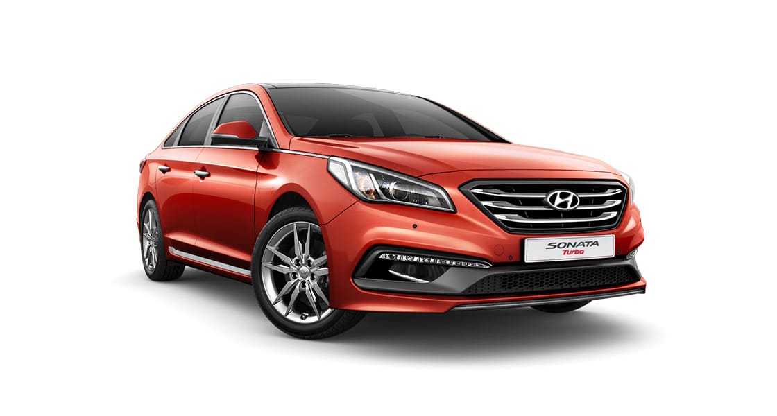 Side front view of red Sonata Turbo