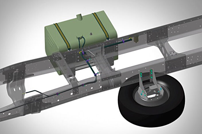a fuel tank attached to right side of chassis and a tire on the other side 