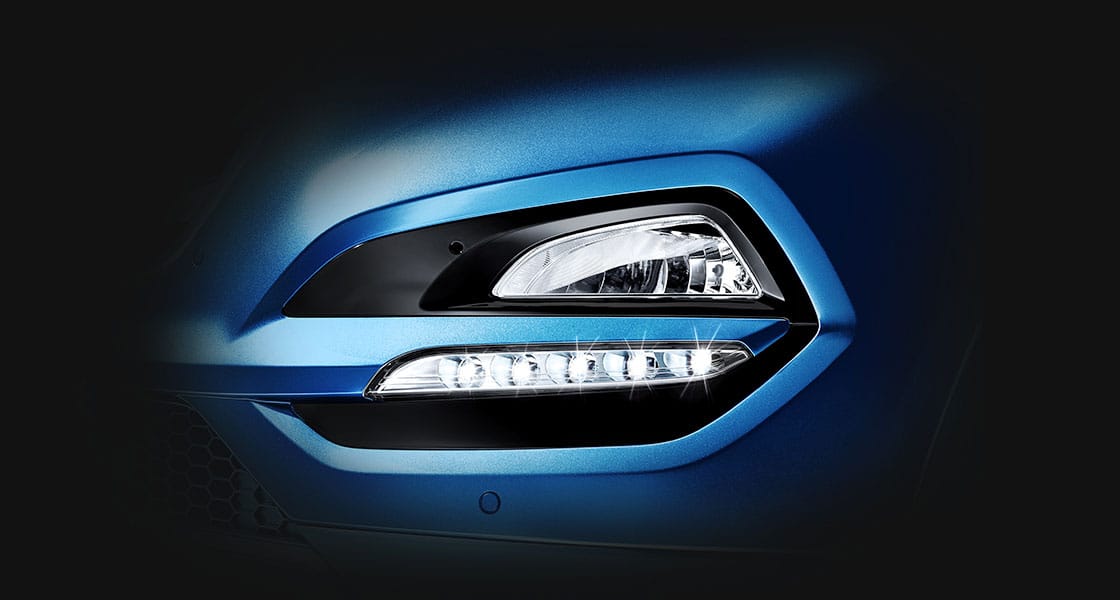 Closer view of fog lamp with LED daytime running light on