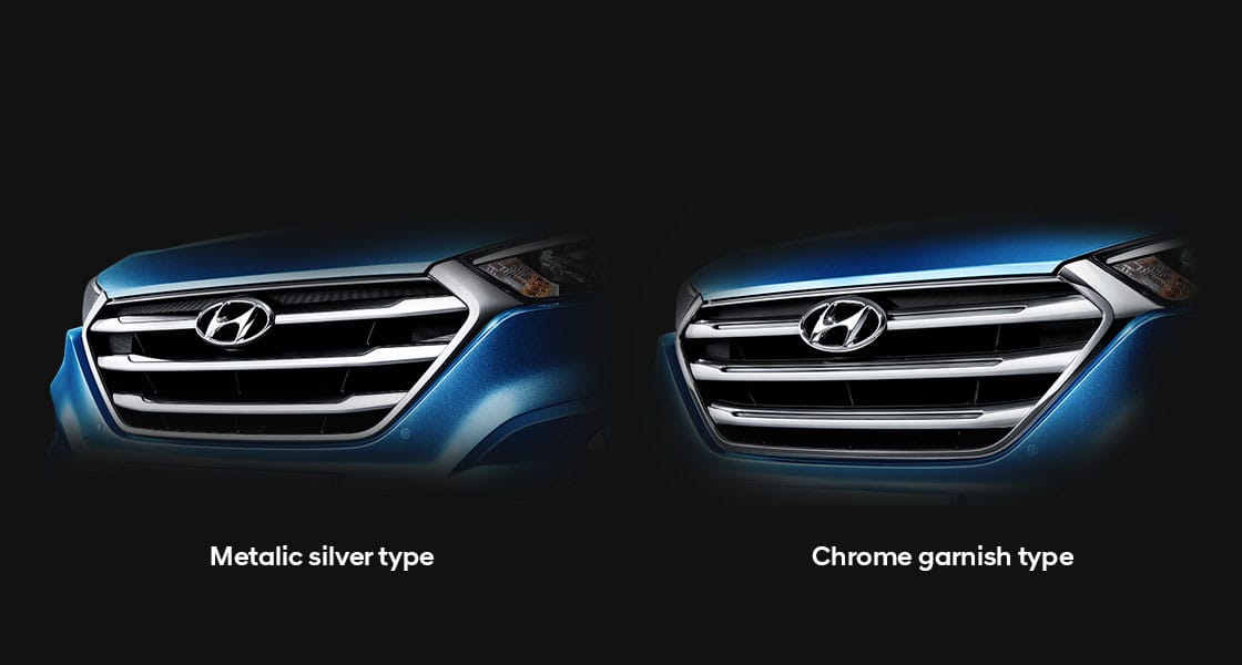 Closer view of radiator grille, metallic silver type on the left and chrome garnish type on the right