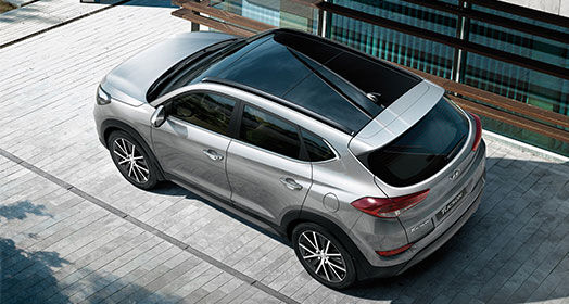 Sky view of silver Tucson from left side rear viewpoint