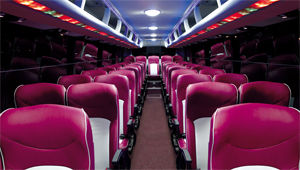 image of universe bus front to back interior with lights on