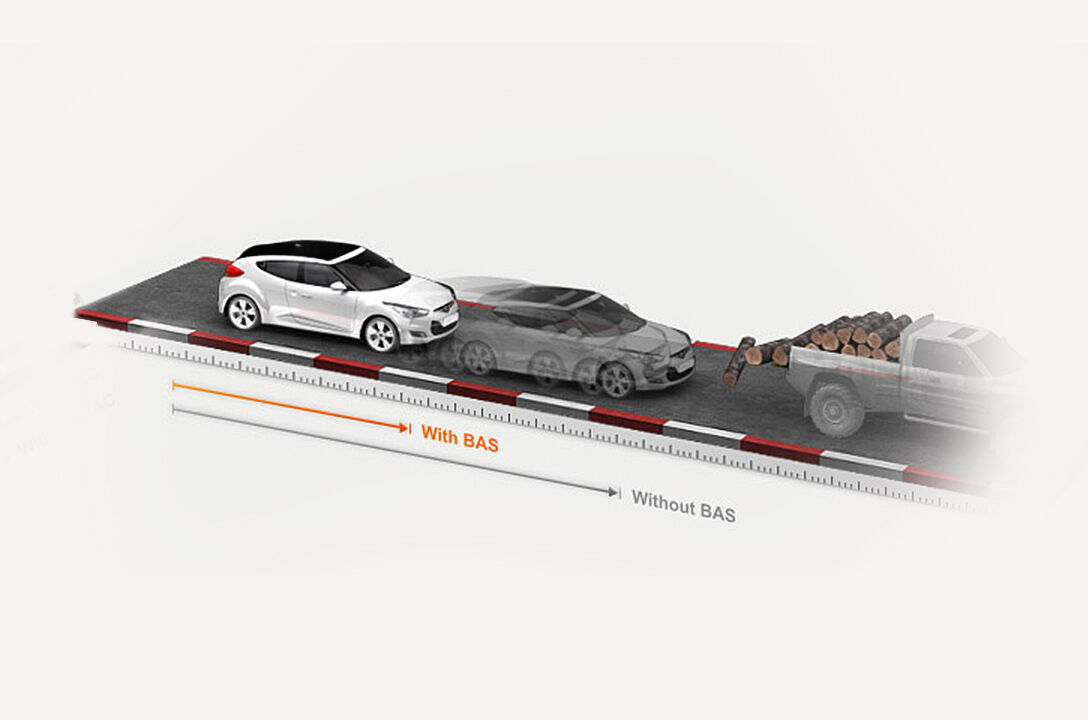 Illustrated road scenario about no backward slipping with Hill-start assist control and sudden  but safe stops with the Brake force assist system