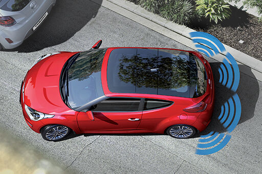 Red veloster with rear parking assist system