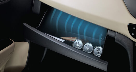 Objects stored in the glove box with blue lighting