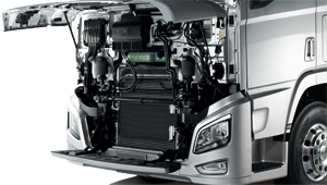 Vista en primer plano de peldaño plegable integrado al parachoques delantero