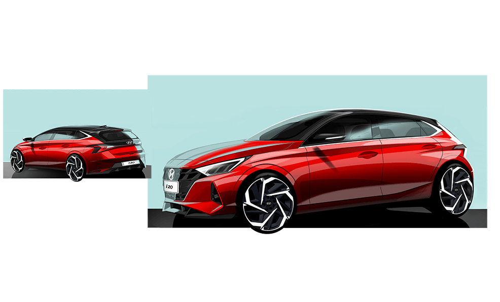 Side front view in front and side rear view of silver i20 at the back