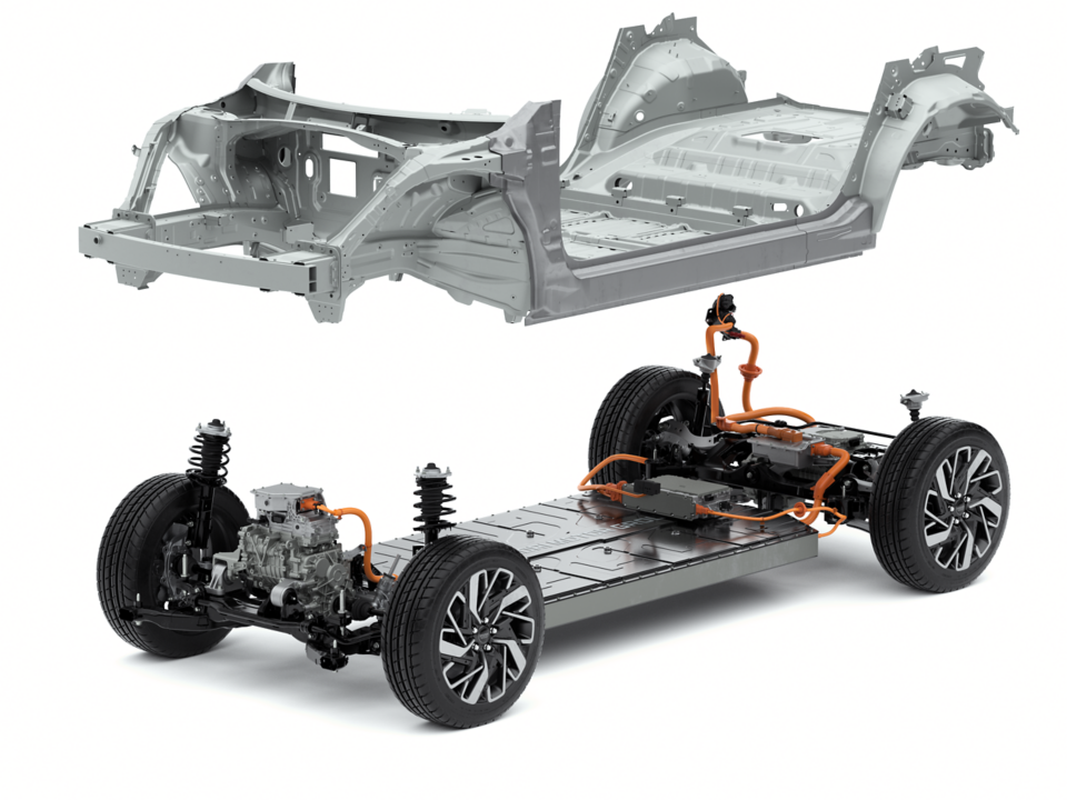 Hyundai's new Electric Global Modular Platform (E-GMP) shown with an suspended frame above it.