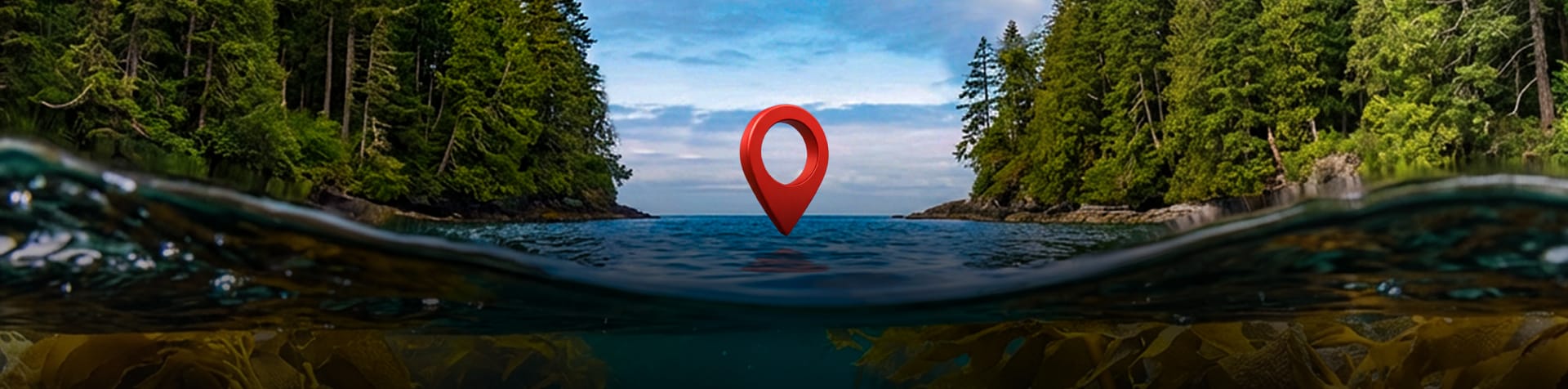 An image of a red map pin placed on the ocean