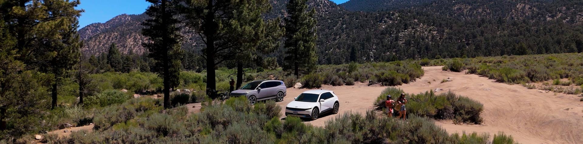 Two IONIQ vehicles parked in a mountainous woodland landscape as two young adventurers explore nearby.