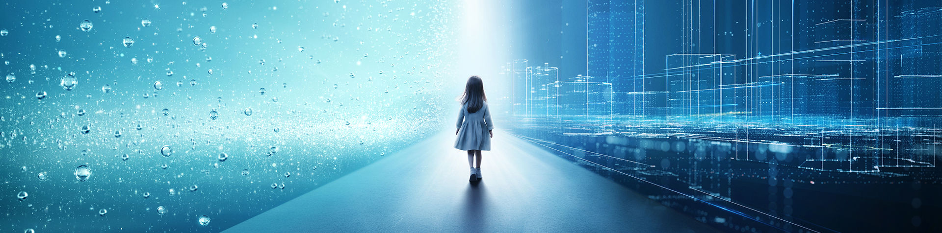 A girl standing in the center of the road with the background of waterdrops and buildings.