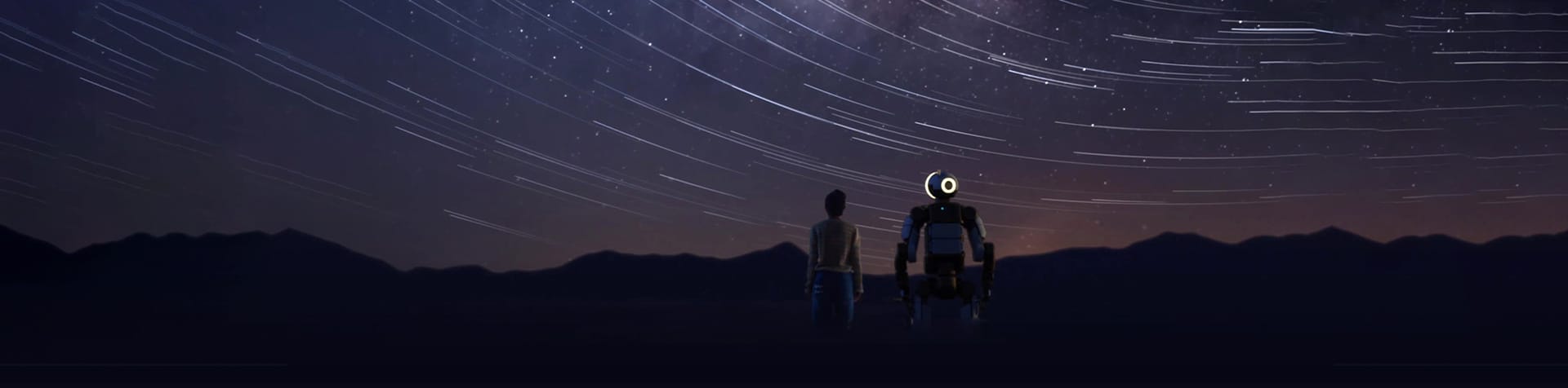 A young woman and the Atlas robot reach out to touch fingers with a full moon in the background