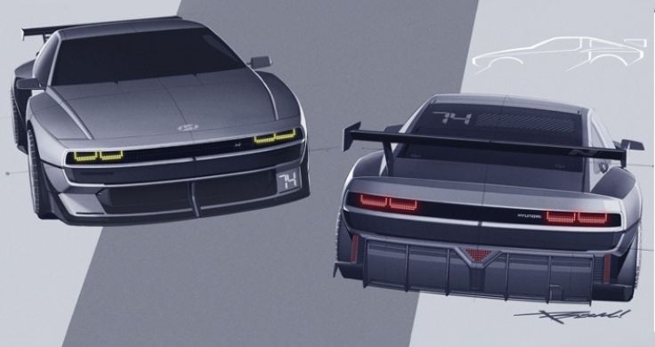 Sketches of the N Vision 74 from the front and back with the pixelated head and tail lights lit up on yellow and red respectively.