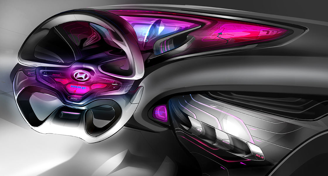 Concept illustration of cockpit area of i-oniq with luminous cluster and steering wheel in purple