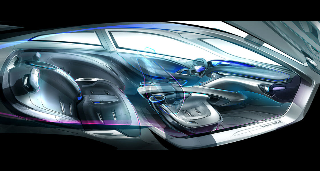 Concept illustration of interior of i-oniq in a high wide angle in bluish atmosphere