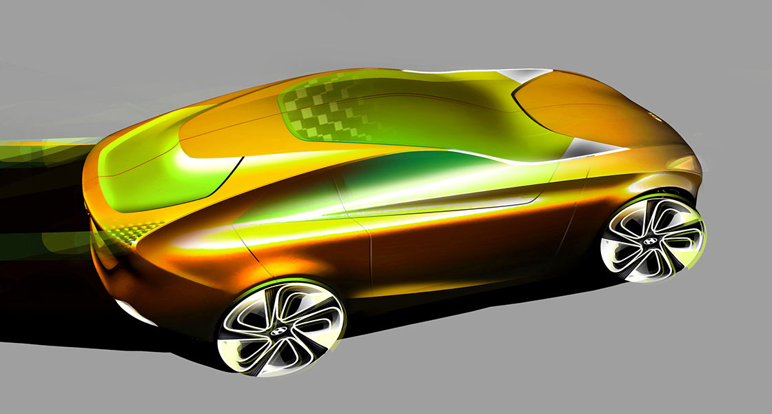 Concept design illustration in side rear view of i-oniq from high view point with yellow colored on