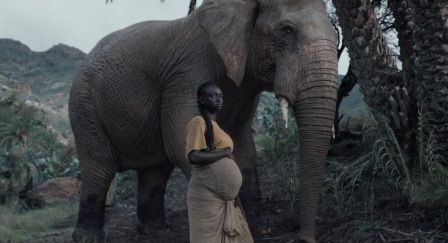 A pregnant woman standing in front of an elephant. She is looking straight into the camera. 