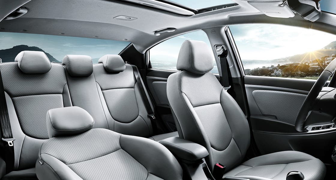 Accent Highlights Sedan Hyundai Worldwide Panoramic View Of Interior With Front Passenger S Seat Lean Back And Sunroof Opened