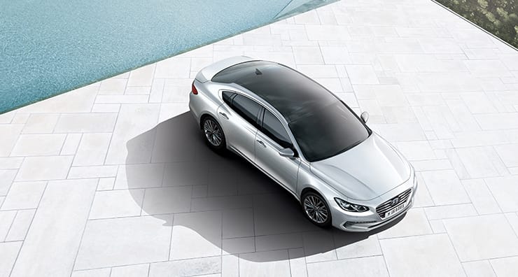 Top view of white cream Azera parked swimming pool