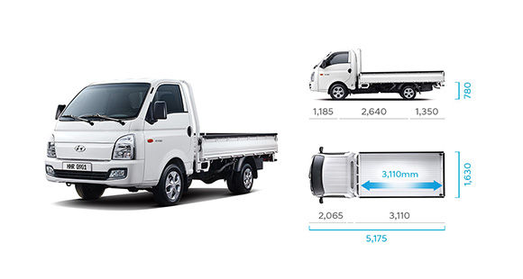 H-100's side and top view illustration with those size describing extra long wheel base standard cab (low type rear deck)