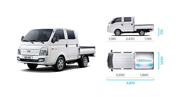 H-100's side and top view illustration with those size describing long wheel base double cab (low type rear deck)