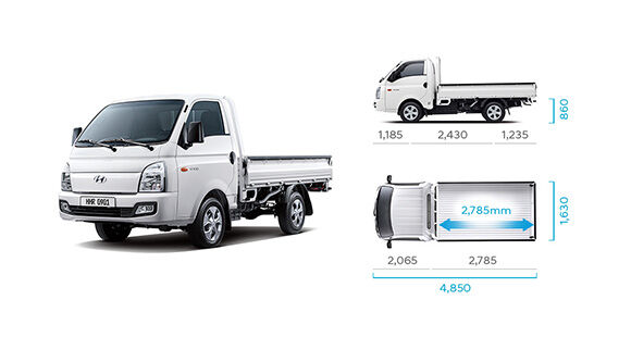 H-100's side and top view illustration with those size describing long wheel base standard cab(high type rear deck)