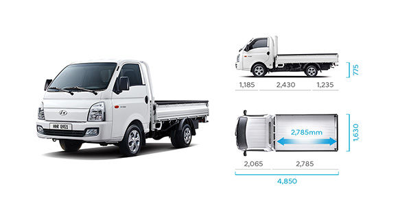 H-100's side and top view illustration with those size describing long wheel base standard cab(low type rear deck)