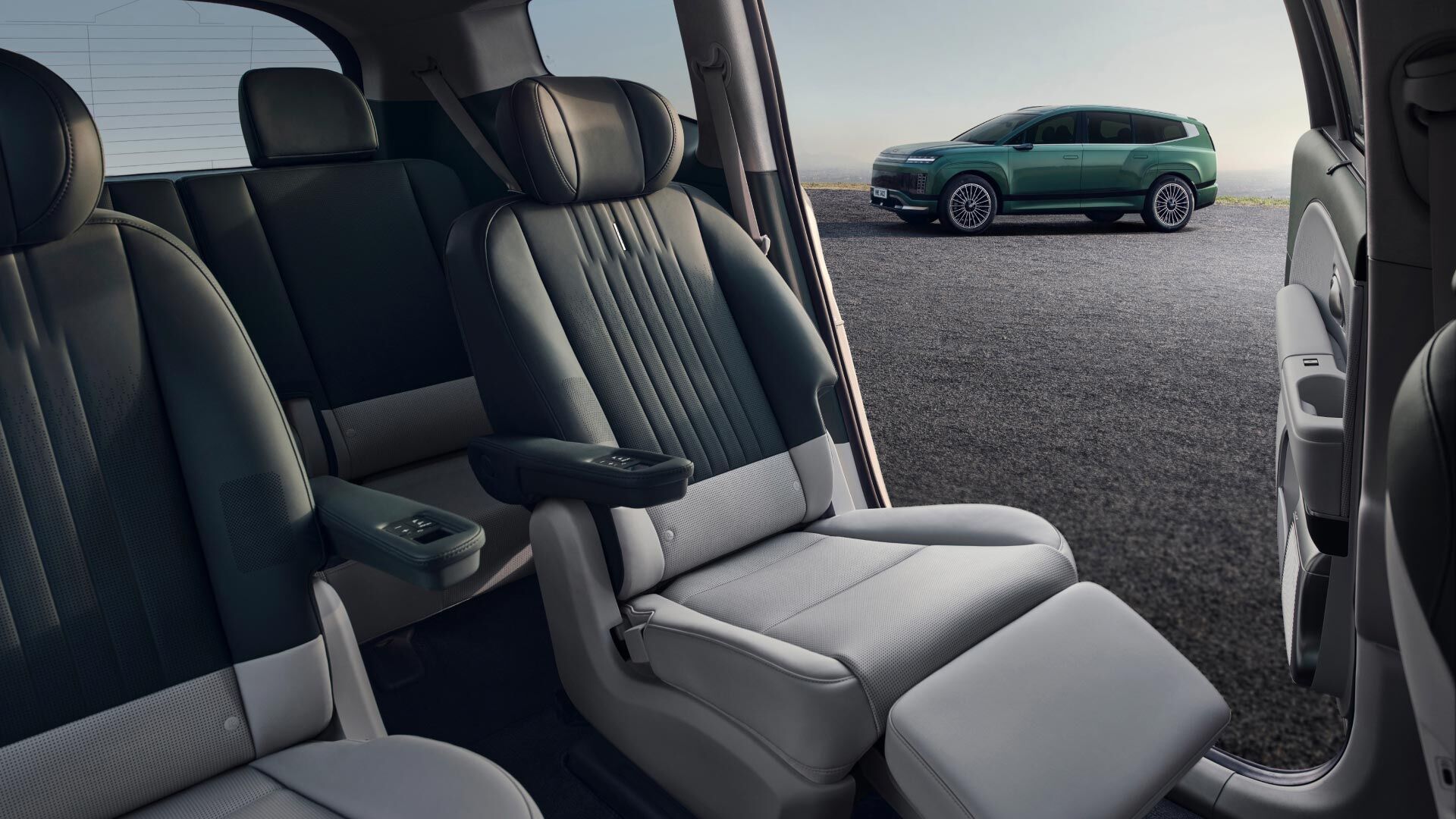 Open door view of the spacious interior of the Hyundai IONIQ 9.