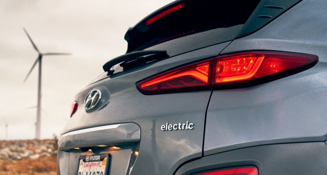 Kona electric rear view and windmills