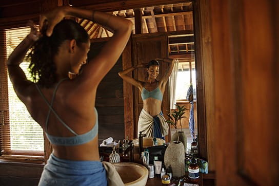 in front of mirror