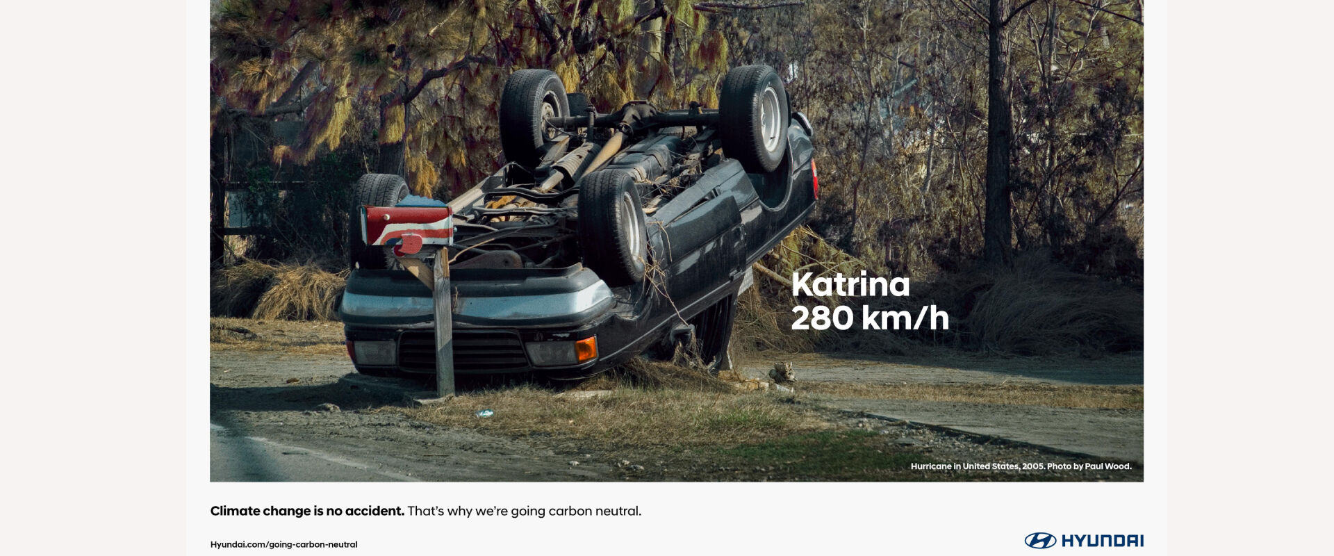 A car being upside down because of the hurricane Katrina