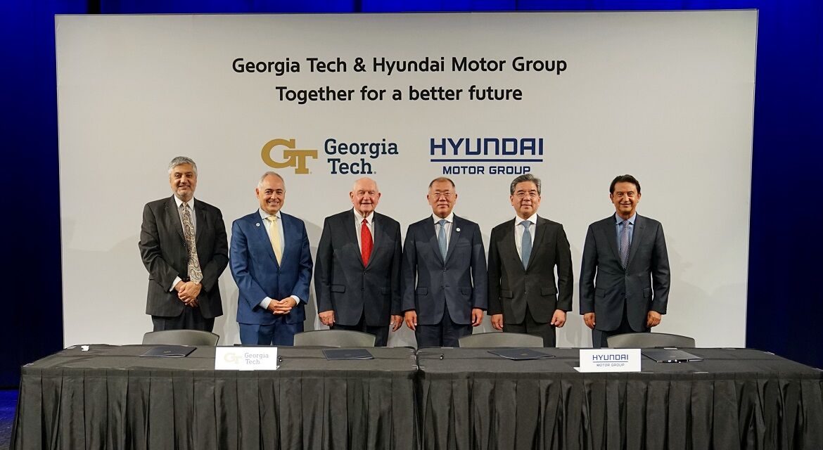 At the MoU signing ceremony, (from left to right) Chaouki T. Abdallah, Executive Vice President for Research at Georgia Institute of Technology; Sonny Perdue, Chancellor of the University System of Georgia (USG); Ángel Cabrera, President of Georgia Institute of Technology; Jaehoon Chang, President and CEO, Hyundai Motor Company; Euisun Chung, Executive Chair of Hyundai Motor Group; and José Muñoz, President and Global COO of Hyundai Motor Company, and President and CEO of Hyundai and Genesis Motor North America