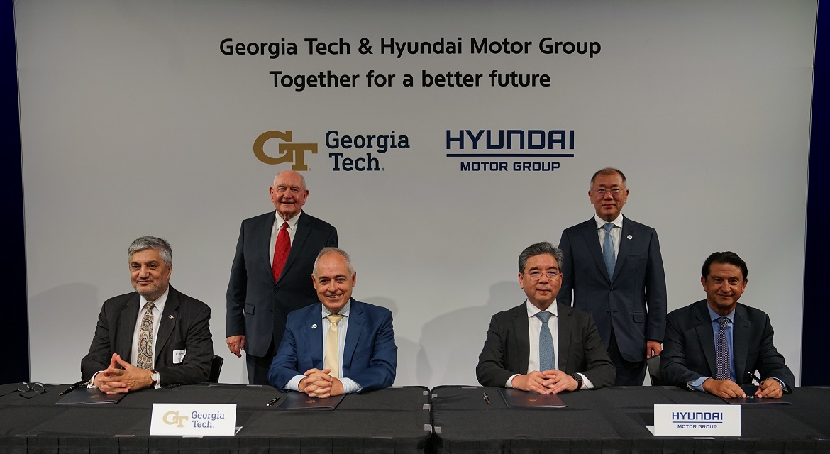 At the MoU signing ceremony, (from left to right) Chaouki T. Abdallah, Executive Vice President for Research at Georgia Institute of Technology; Sonny Perdue, Chancellor of the University System of Georgia (USG); Ángel Cabrera, President of Georgia Institute of Technology; Jaehoon Chang, President and CEO, Hyundai Motor Company; Euisun Chung, Executive Chair of Hyundai Motor Group; and José Muñoz, President and Global COO of Hyundai Motor Company, and President and CEO of Hyundai and Genesis Motor North America