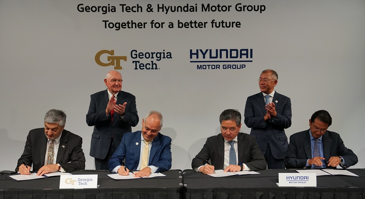 At the MoU signing ceremony, (from left to right) Chaouki T. Abdallah, Executive Vice President for Research at Georgia Institute of Technology; Ángel Cabrera, President of Georgia Institute of Technology; Sonny Perdue, Chancellor of the University System of Georgia (USG); Euisun Chung, Executive Chair of Hyundai Motor Group; Jaehoon Chang, President and CEO, Hyundai Motor Company; and José Muñoz, President and Global COO of Hyundai Motor Company, and President and CEO of Hyundai and Genesis Motor North America