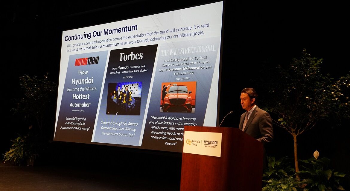 José Muñoz, President and Global COO of Hyundai Motor Company, and President and CEO of Hyundai and Genesis Motor North America, is giving a presentation at the Georgia Tech-Hyundai Motor Group MoU ceremony