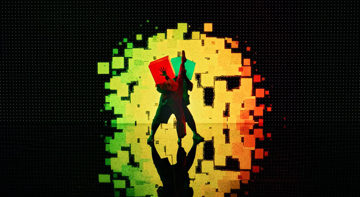Three RGB Pixel dancers harmonize in choreographed performance in Pixel by Pixel design film